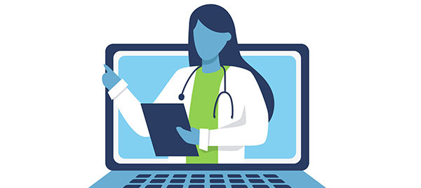 computer screen with animated doctor reading from a tablet